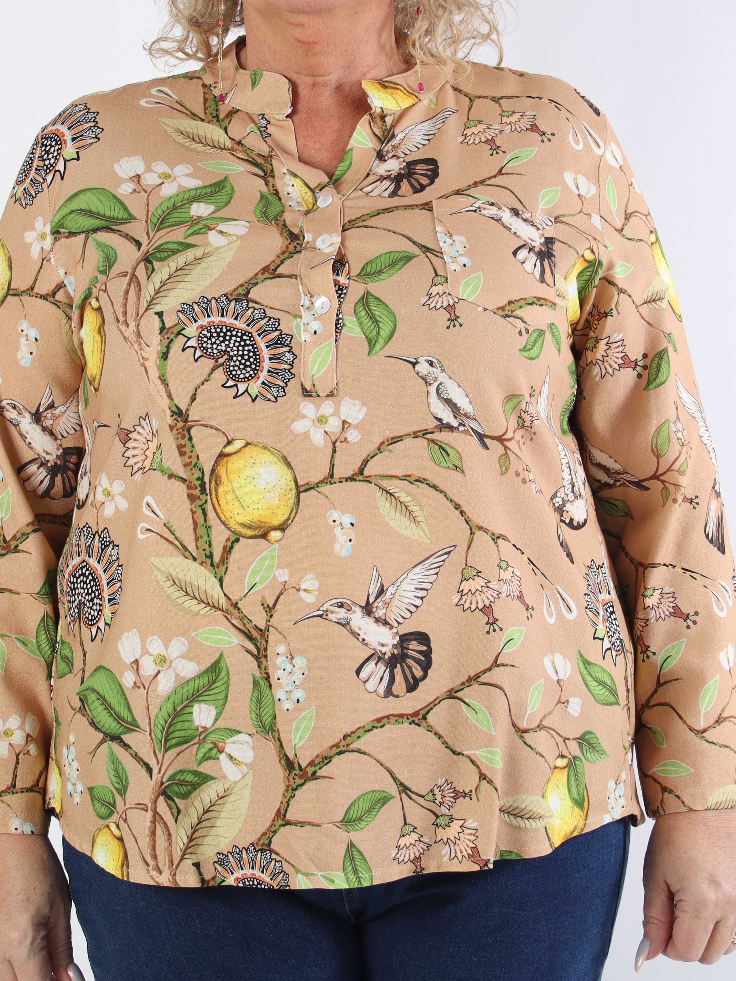 Almira - Plus size skjorte i hør og bomuld med fuglemotiver